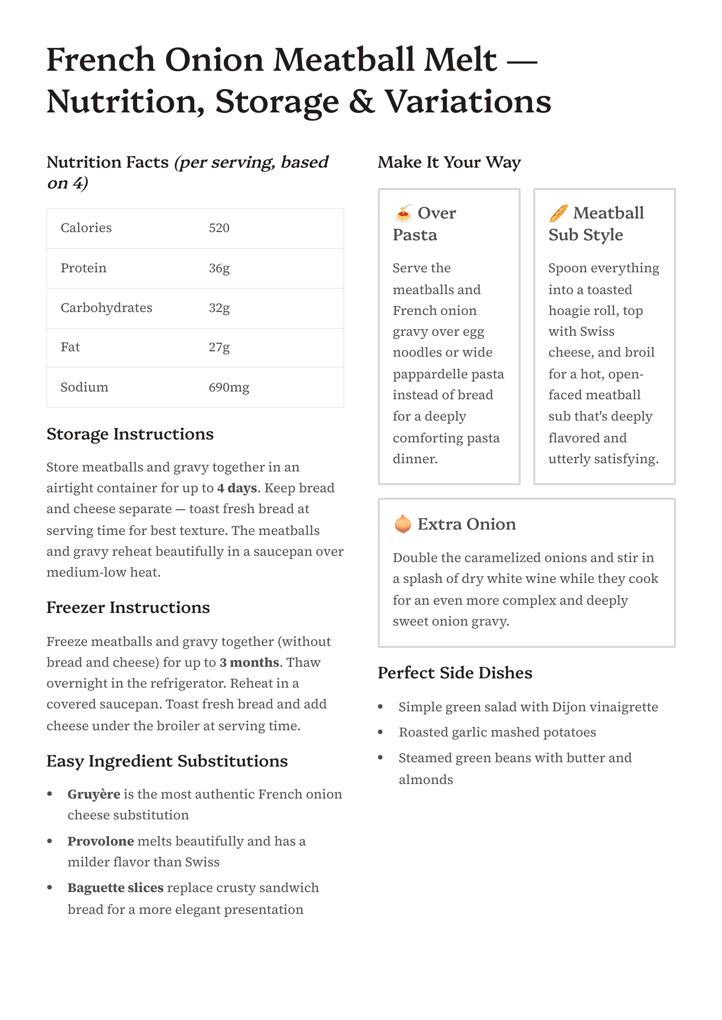 French Onion Meatball Melt nutrition storage and variations page