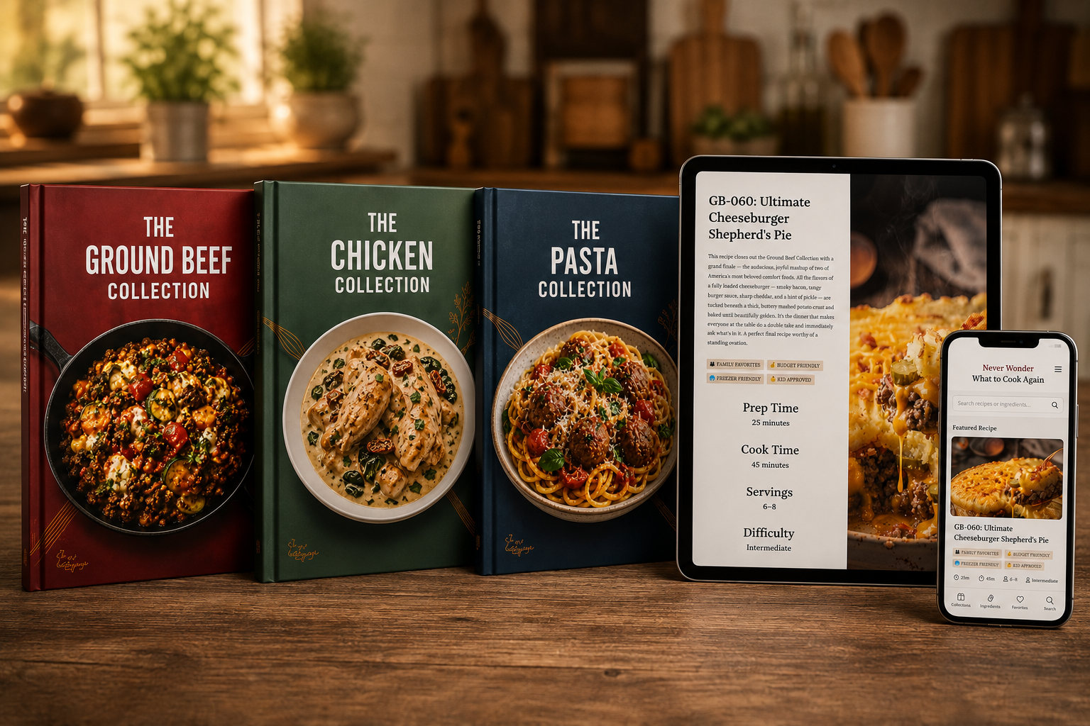 Three digital cookbook collections displayed with a tablet and phone